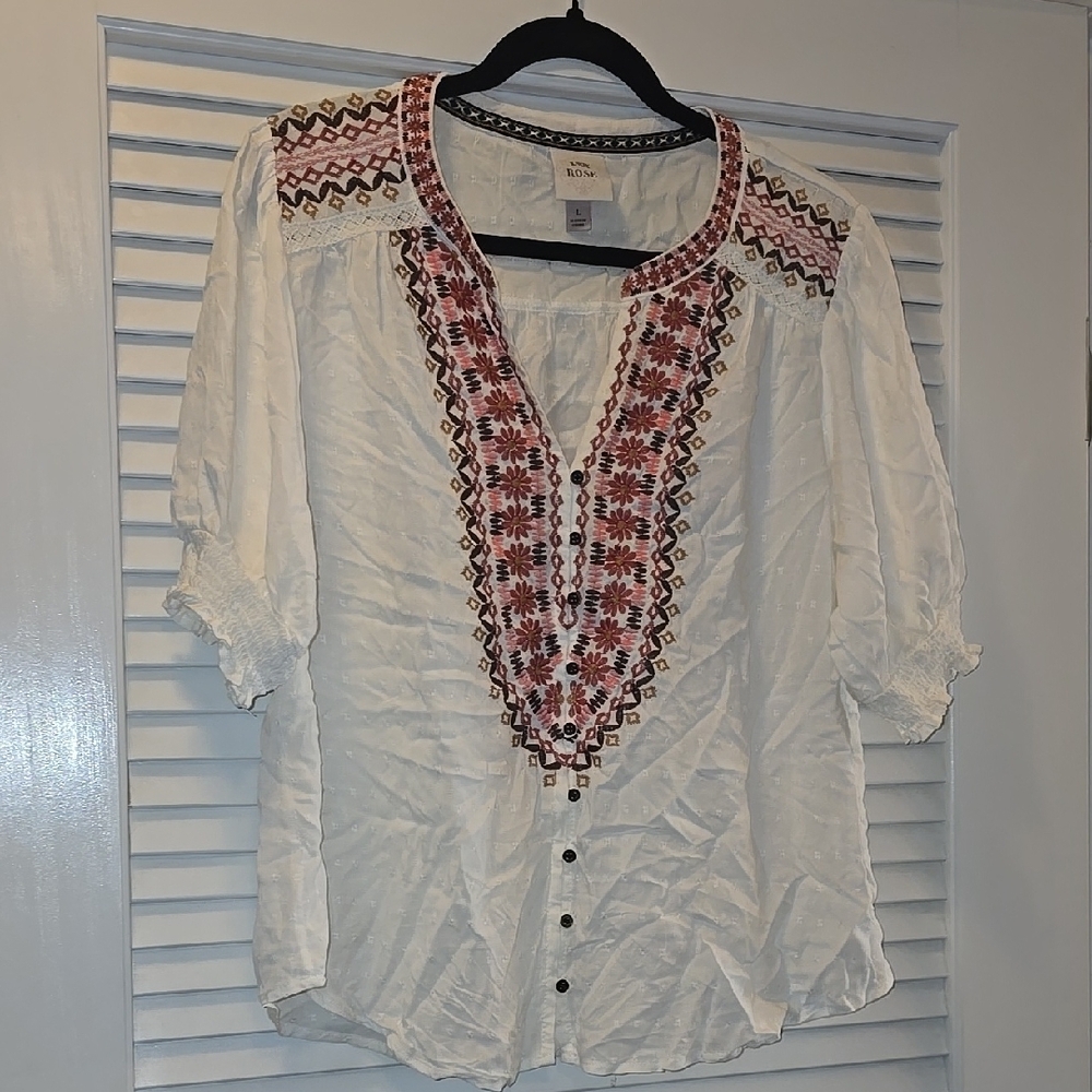 Altar'd State White Embroidered Puff Sleeve Blouse